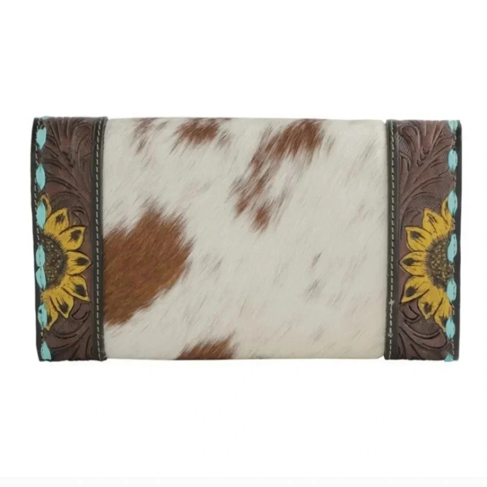 Myra Bag Cowhide Hand Tooled Leather Sunflower Turquoise Buckstitch Wallet Bag - Picture 3 of 7